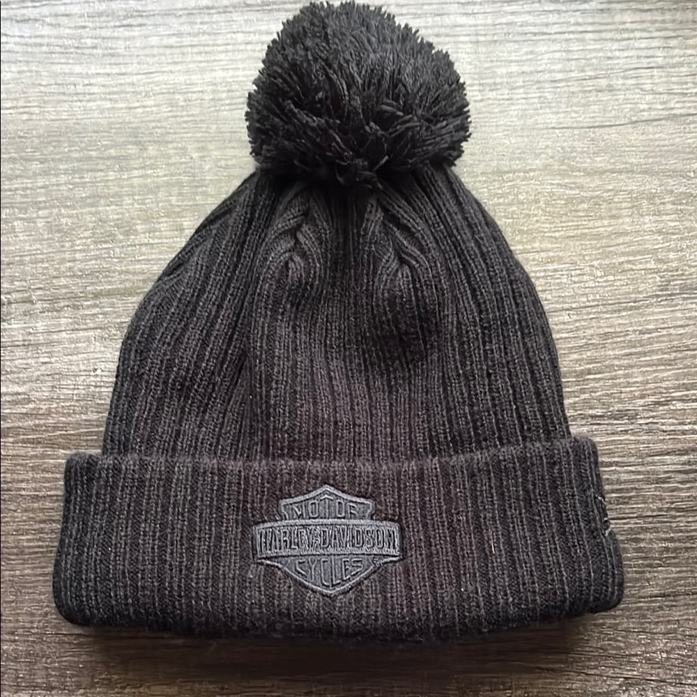 Harley-Davidson Black Ribbed Knit Hat with Pom-Pom